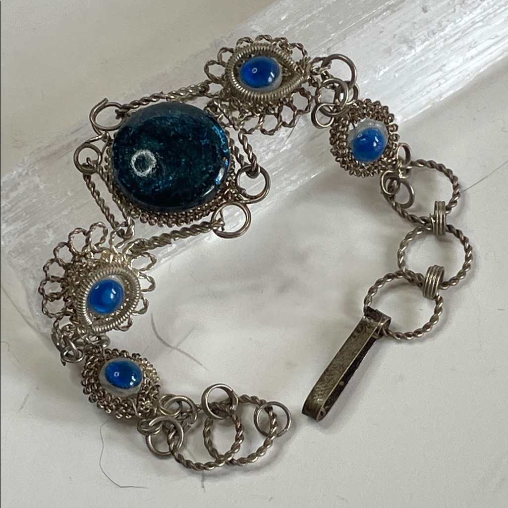 Vintage Art Deco Silver Metal Filigree Navy Blue Art Glass Bead Bracelet